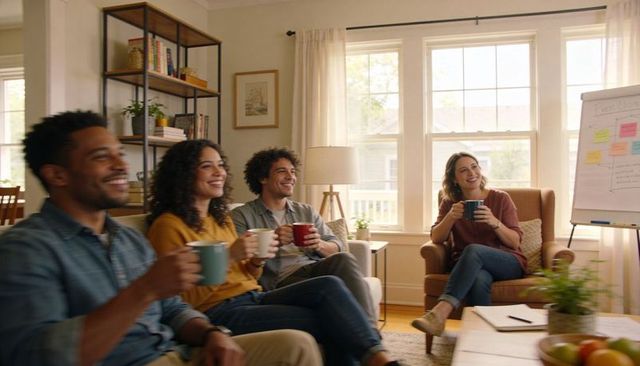 Friends brainstorming over coffee in cozy living room with flip chart and natural light