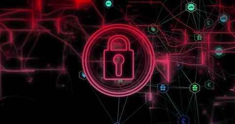 Neon padlock pulsing in virtual network representing encryption and digital security mesh