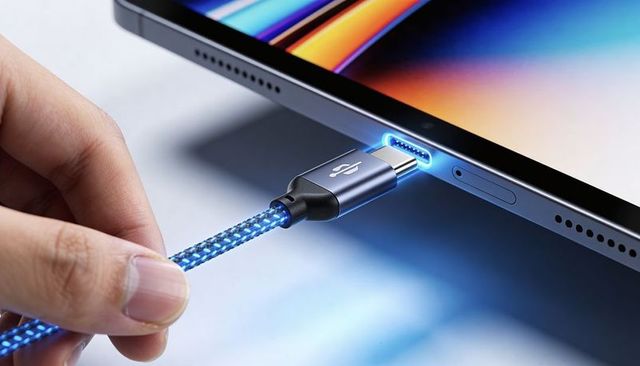 Hand inserting braided blue usb-c cable into slim tablet port with led connector glow