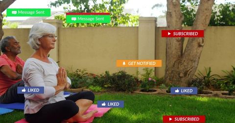 Senior woman meditating in garden with social media notifications and yoga class