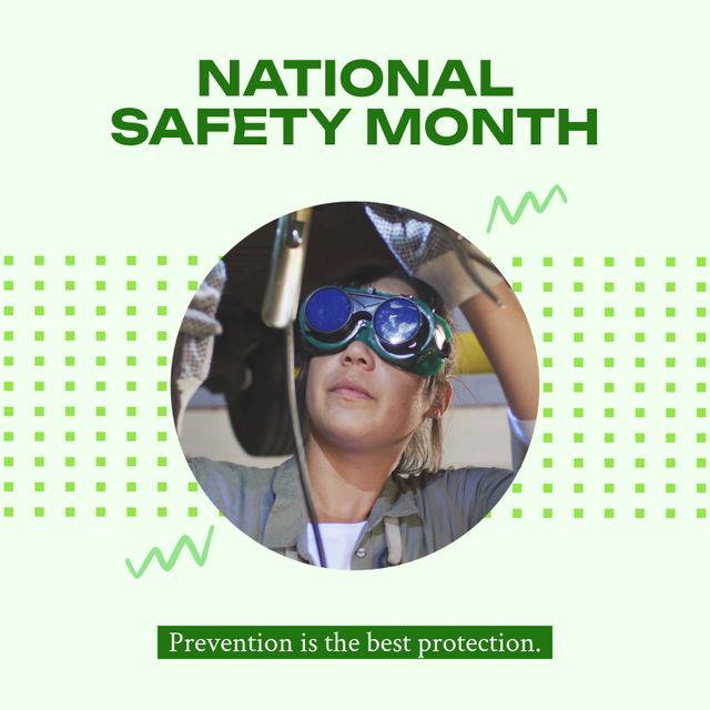 Promoting National Safety Month, this image features a caucasian female mechanic wearing safety goggles while performing car repair. Ideal for creating awareness about the importance of workplace safety, use in safety campaigns, and emphasizing the use of protective gear. Suitable for websites, social media posts, posters, and training materials related to automotive services and safety initiatives.