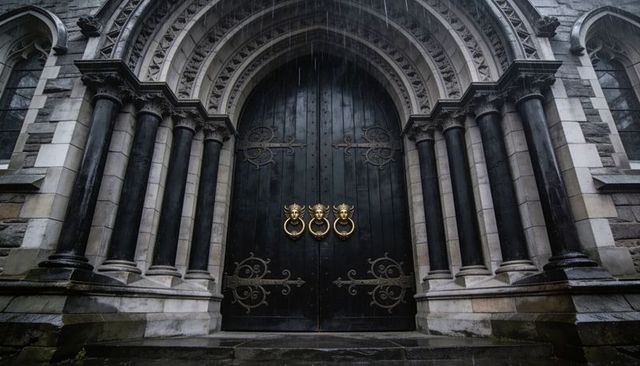 Gothic cathedral doors featuring triple lion knockers and carved stone archway