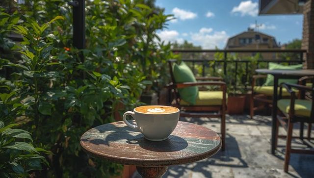 Latte with foam art sitting on rustic stone table on sunny balcony terrace with greenery