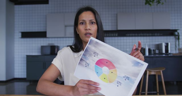 Businesswoman holding and explaining data chart in modern office, making point with graph paperwork. Perfect for use in business presentations, reports, training materials, corporate websites, and business-related articles.