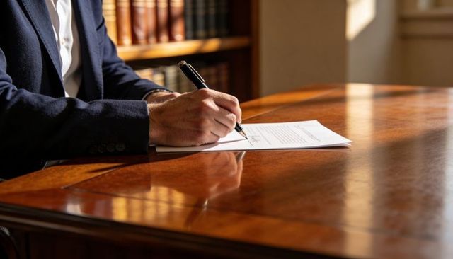 Executive signing contract with fountain pen on polished wood desk