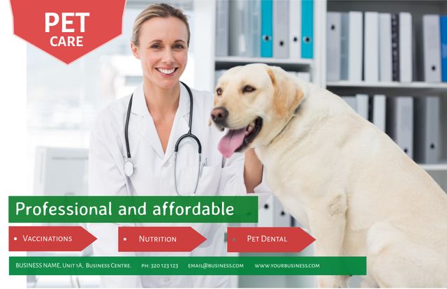 Smiling Veterinarian with Dog Promoting Pet Healthcare Services - Download Free Stock Templates Pikwizard.com