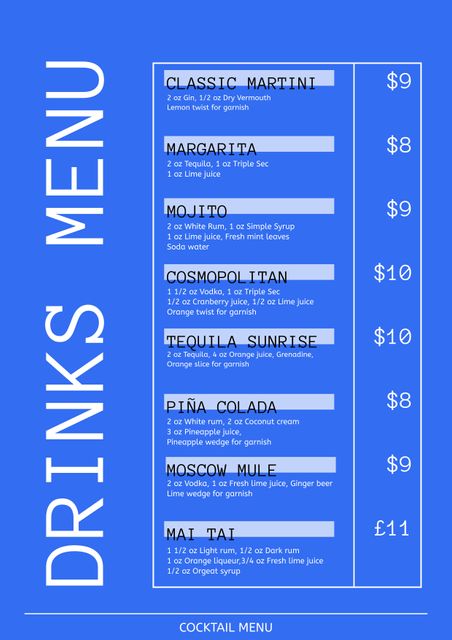 Ideal for bars, cocktail parties, and special events, this blue drinks menu template features a sleek, modern design that includes popular cocktails such as martini, margarita, mojito, cosmopolitan, and more. Perfect for creating a professional look, it can be used for advertising at events, bars, clubs, and promotions.