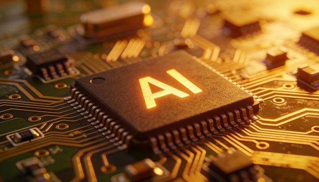 Glowing ai microchip emitting warm light on circuit board close-up showing gold traces