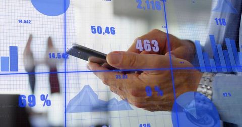 Executive Hands Tapping Smartphone with Financial Data Overlay and Analytics Dashboard