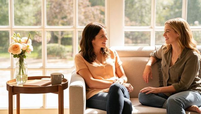 Two women chatting on sunlit sofa in cozy living room, casual conversation and friendship