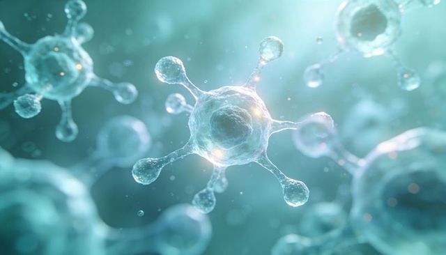 Translucent Viral Particle Floating in Teal Nanoworld with Glowing Molecular Spikes