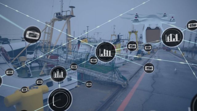 Illustrating the futuristic integration of drone surveillance with IoT technology in a busy cargo port. This depiction of interconnected freight operations showcases technological advancements in maritime security and logistics. Useful for presentations on modern shipping methods, IoT applications in major industrial ports, and advancements in transport safety.