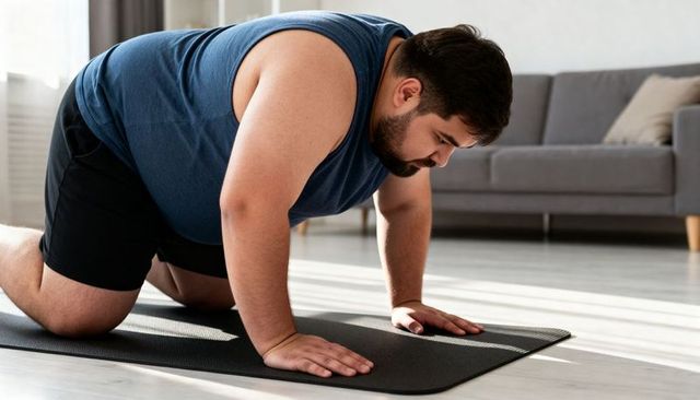 Plus-size man doing modified push-up on yoga mat during home workout in bright living room