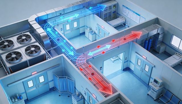 Hospital hvac airflow diagram showing supply, return and exhaust ductwork with particle flow