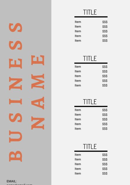 Template designed for businesses to easily showcase services and prices. Ideal for restaurants, salons, and other services that require itemized menus. Left-hand column for business branding while right side includes sections for titles, items, and pricing. Editable fields facilitate customization specific to the business needs.