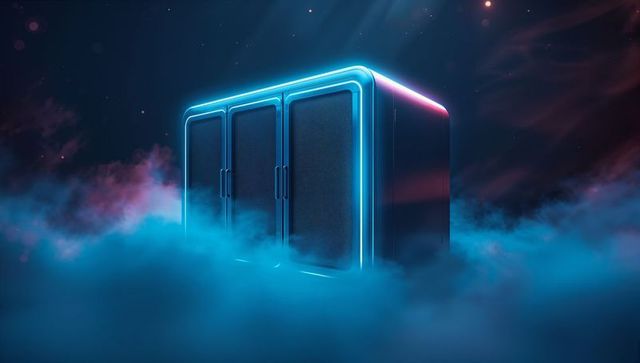 Futuristic Neon-Glowing Cabinet Amid Starry Mist