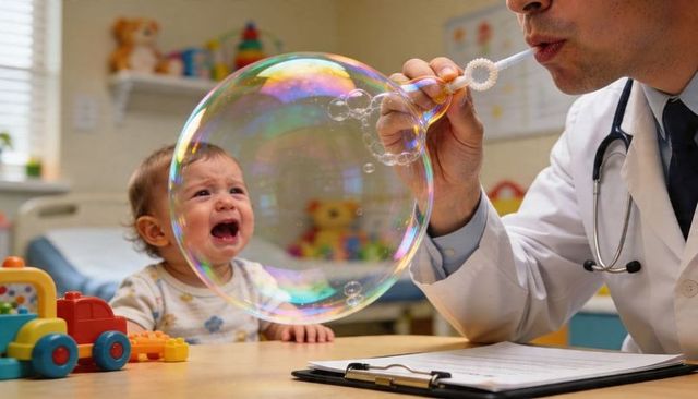 Pediatrician blowing giant soap bubble while crying toddler reacting during clinic visit
