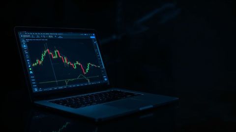 Dimly lit laptop displaying candlestick chart for online trading analysis