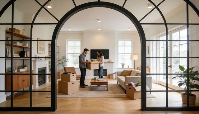 Couple unpacking moving boxes in bright modern living room with arched glass partition