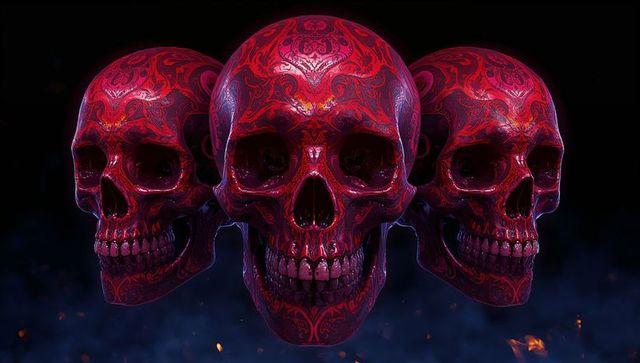 Three Floating Skull Illustrations with Red Patterns