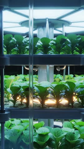 Rotating vertical farm rack with LED lights showing multi-tier hydroponic greens - vertical video