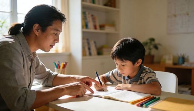 Parent tutoring child at sunlit desk, guiding focused homework and one-on-one learning