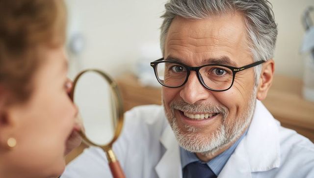 Senior Doctor Conducting Eye Examination in Medical Clinic