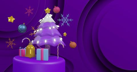 Purple christmas tree with gifts on rotating platform
