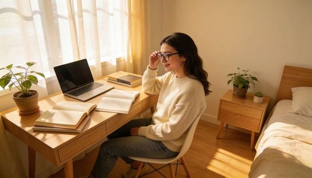 Young woman studying at cozy minimalist bedroom desk with laptop, books, natural light