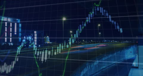 Digital Infographic Animation Overlaying Night Cityscape