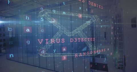 Digital email virus warning overlay on server background