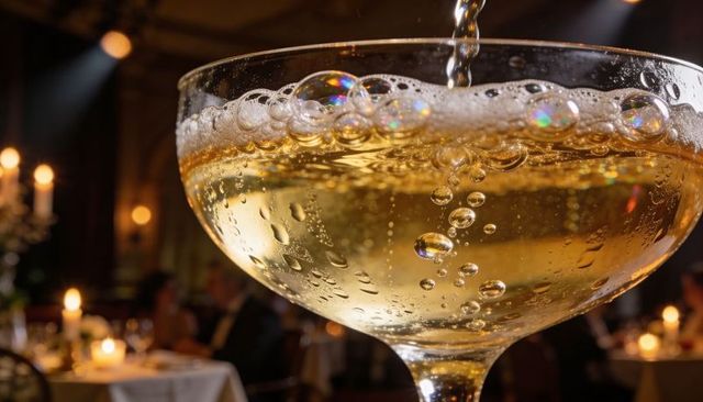 Coupe glass pouring champagne with golden bubbles and candlelit restaurant celebration