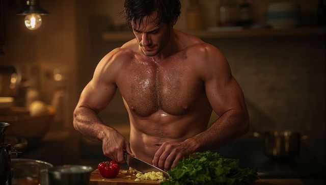 Shirtless muscular man chopping garlic and herbs on wooden cutting board in warm rustic kitchen
