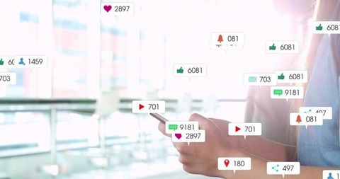 Woman holding smartphone with floating social notifications and engagement in bright cafe