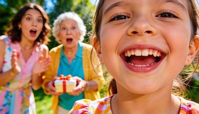 Laughing girl with multigenerational family celebrating surprise gift in sunlit backyard