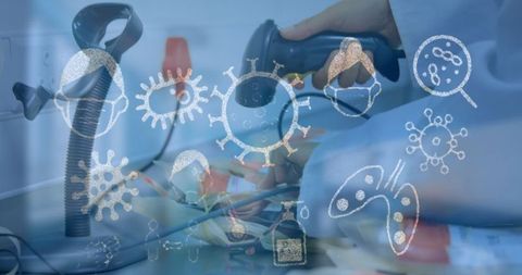 Virus Motifs Overlaying Scientist Working in Modern Laboratory