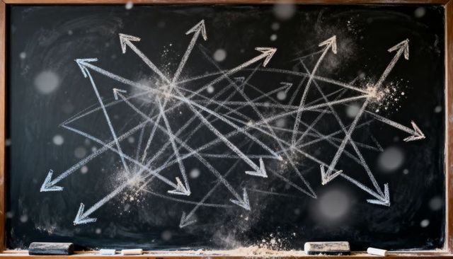 Tangled chalk arrows on blackboard representing complex decisions and strategic planning