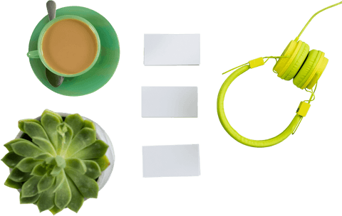 Transparent Illustration of Coffee, Headphones, and Plant with Business Cards