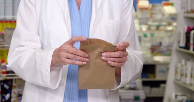 Pharmacist Holding Brown Paper Bag in Pharmacy - Download Free Stock Photos Pikwizard.com