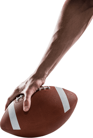 Closeup of athlete's hand holding transparent american football