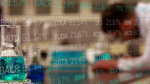 Scientist in Lab with Digital Stock Market Overlay
