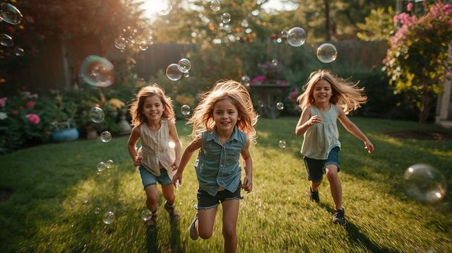 Running girls chasing soap bubbles in sunlit backyard garden during golden hour