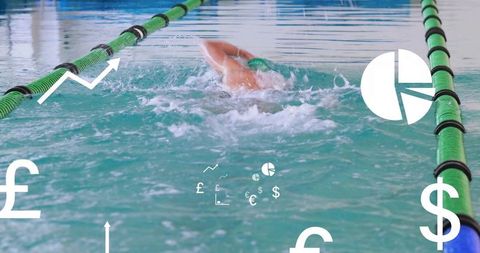 Athlete Performing Front Crawl in Pool with Dynamic Data Overlay