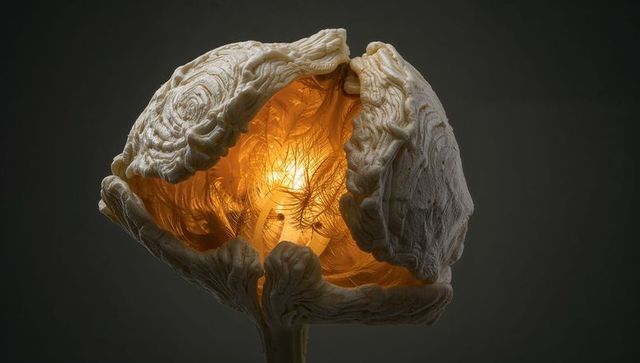 Revealing organic pod lamp with amber fibrous interior and layered shell, biomorphic glow