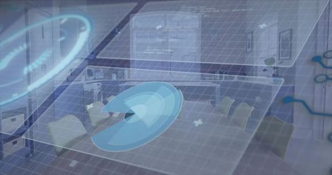 Holographic interface rotating over modern kitchen table showing futuristic ui overlay