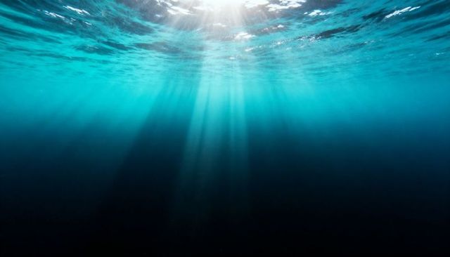 Sunlight streaming through open ocean water column with turquoise rays and deep blue shade