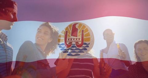 Friends celebrating with beers under striped flag overlay