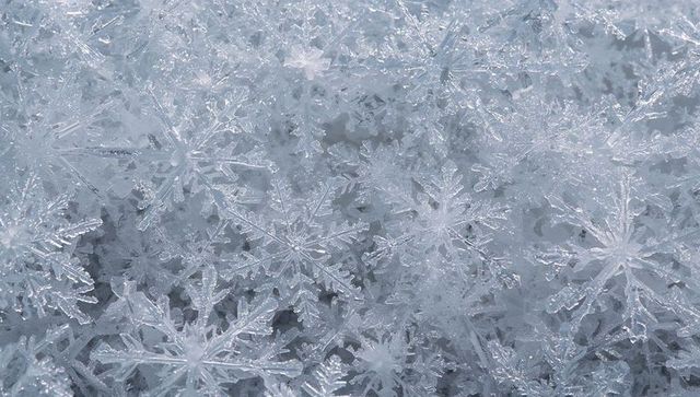 Macro hexagonal snowflakes on frosted surface showing dendritic ice crystals and sparkling facets