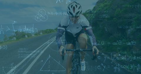 Caucasian Female Cyclist with Math Equations Overlay