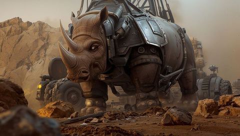 Roaming armored mechanical rhino across dusty desert valley with industrial cargo tractor